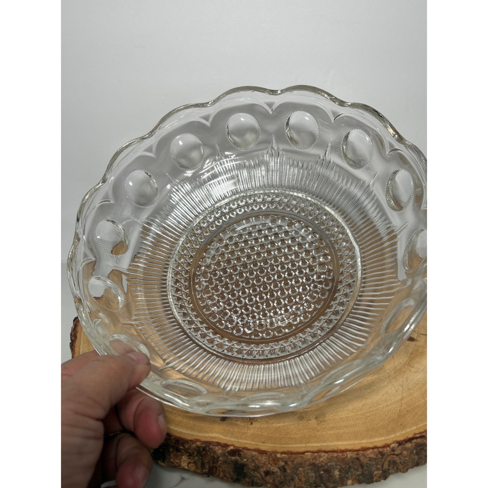 Vintage Clear Pressed Glass Bowl Scalloped Edge Thumbprint Ribbed Hobnail 8.5"